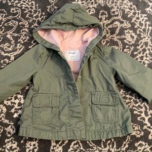 Old Navy Army Green Utility Jacket with Hood Pink Lining 6-12 M